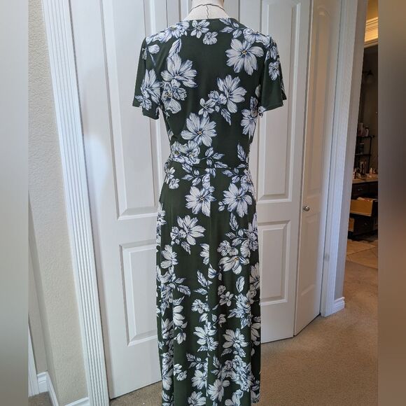 Floral Wrap Midi Dress Green White L Fairy Cottage Romantic - Picture 3 of 7